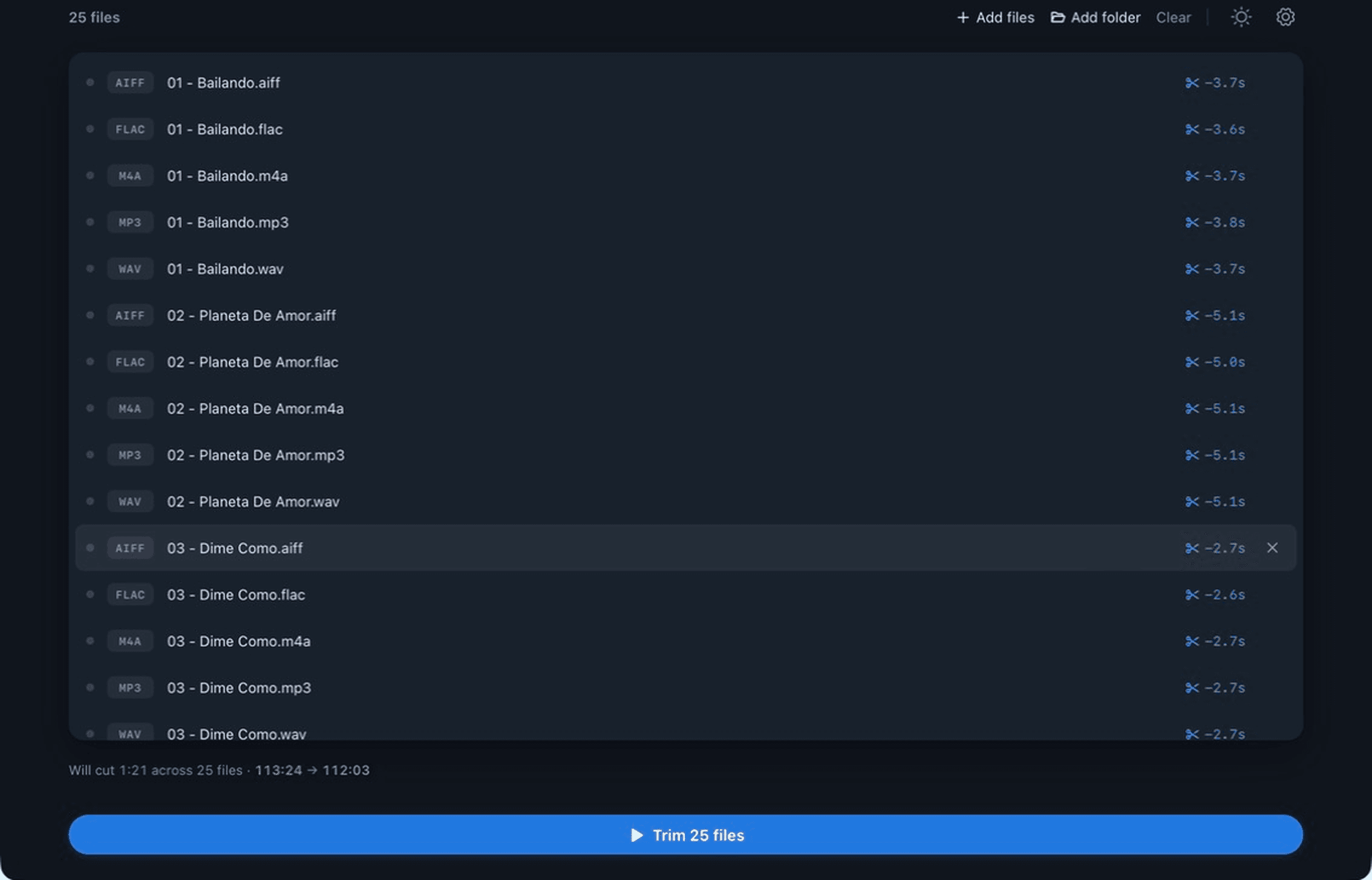 MultiTrim queue with 25 AIFF, FLAC, M4A, MP3, and WAV files ready to trim