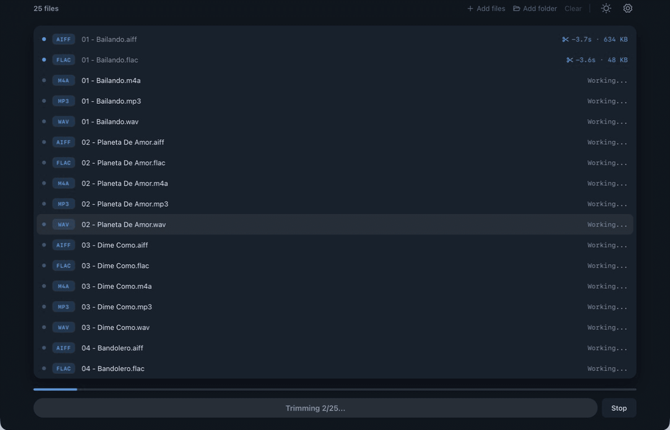 MultiTrim processing a 25-file batch with per-file progress and trimmed durations