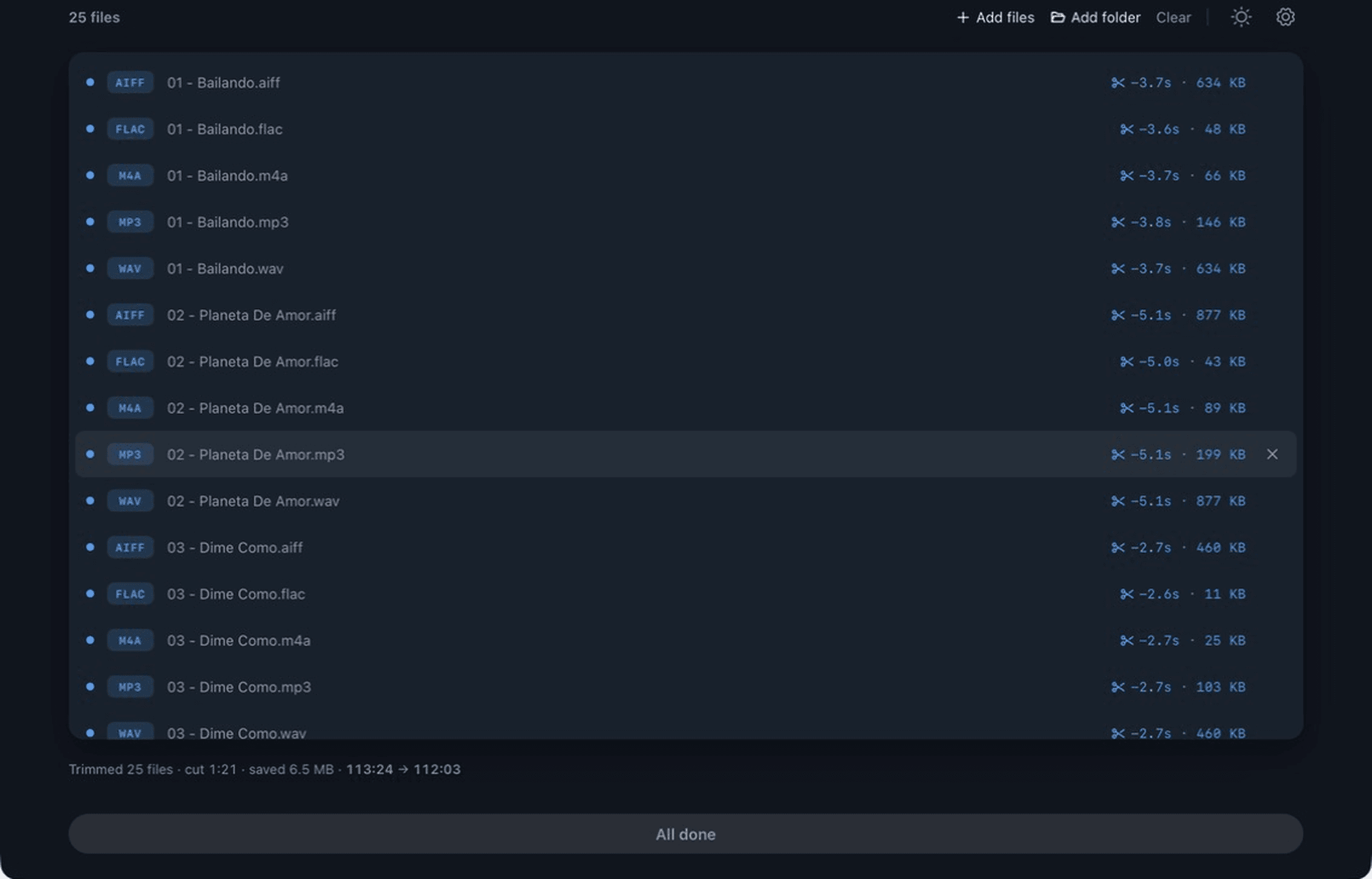 Completed MultiTrim batch showing resolved cuts and saved file sizes