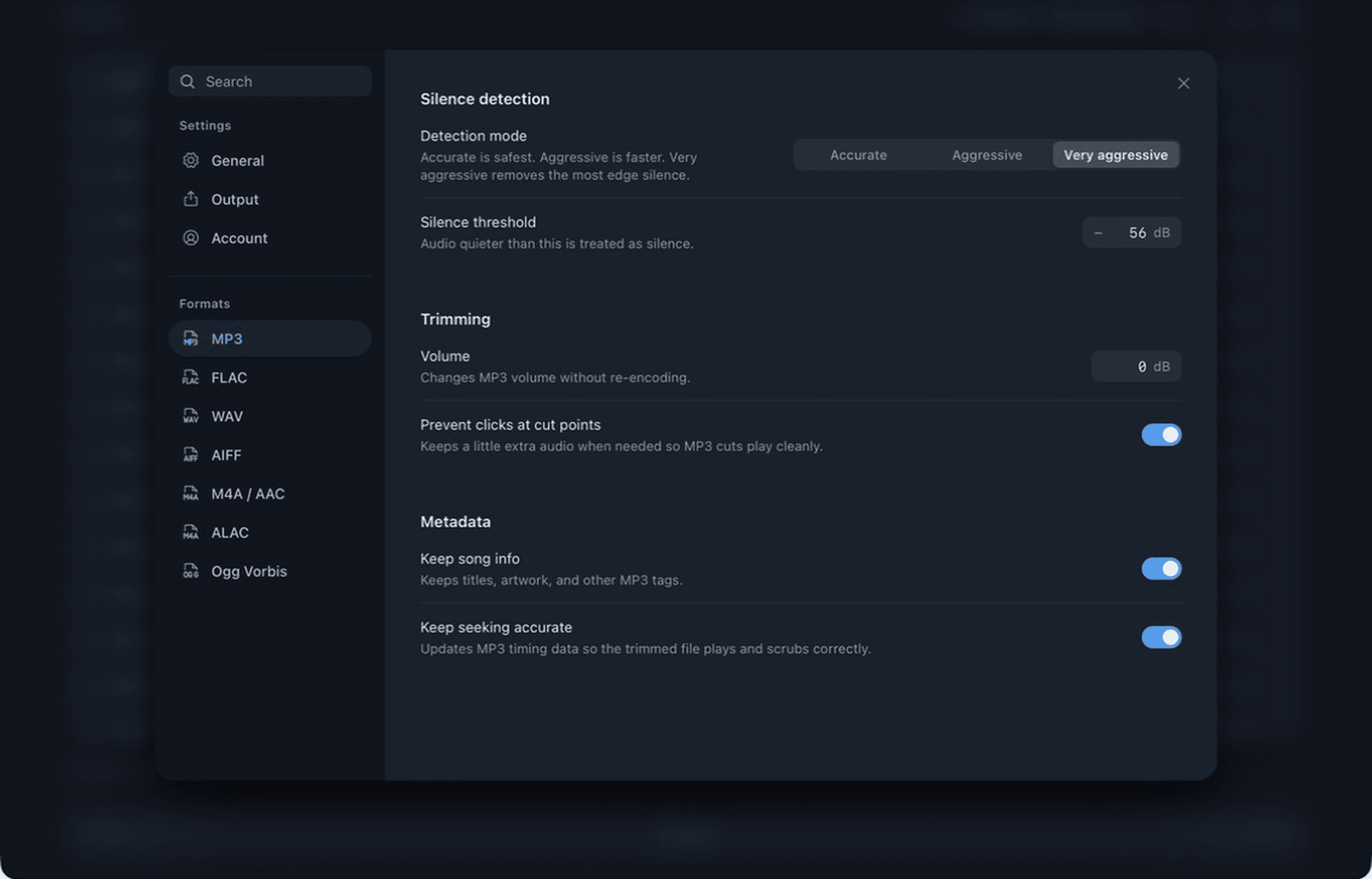 MultiTrim MP3 settings for silence detection, volume, click prevention, and metadata
